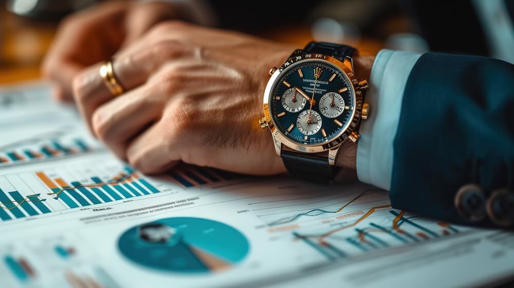 Close-up of businessman reviewing financial charts and graphs