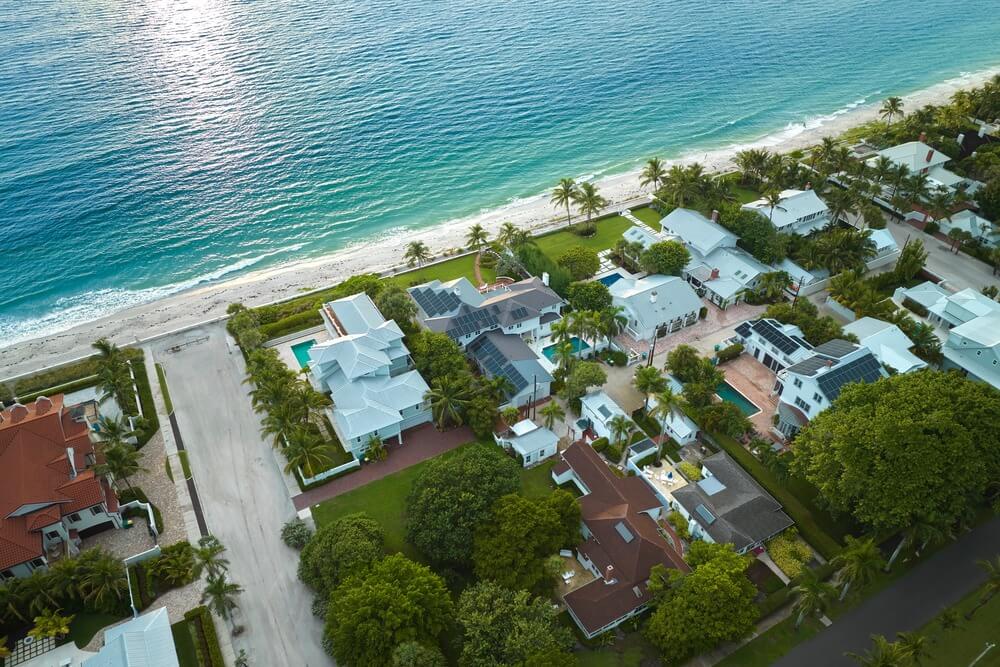 Aerial view of expensive residential houses on an island