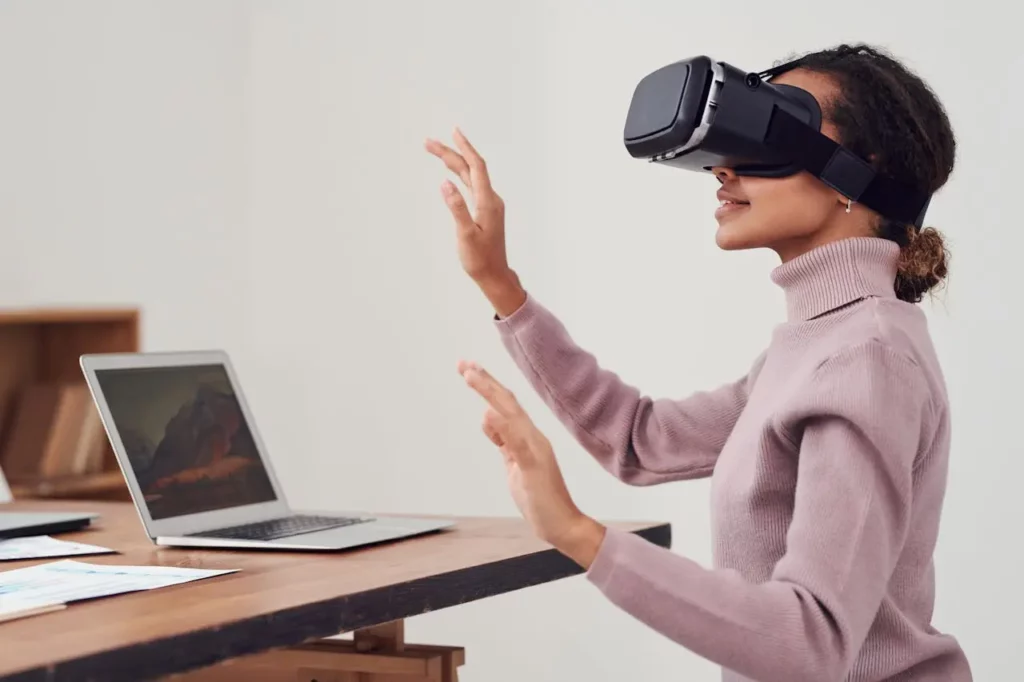 Homebuyer using VR headset to explore real estate listings 