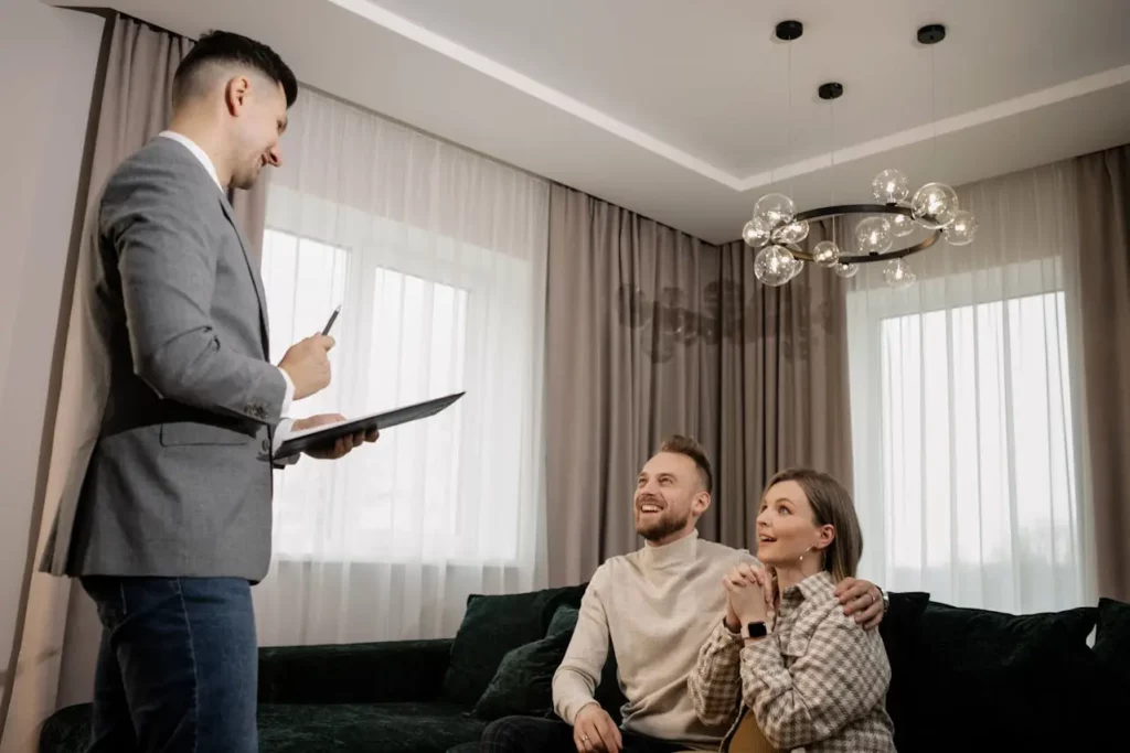 A luxury real estate agent presenting a compelling story about a high-end property