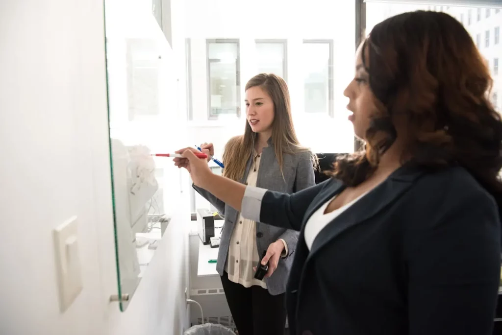 A real estate team analyzing leads on a whiteboard